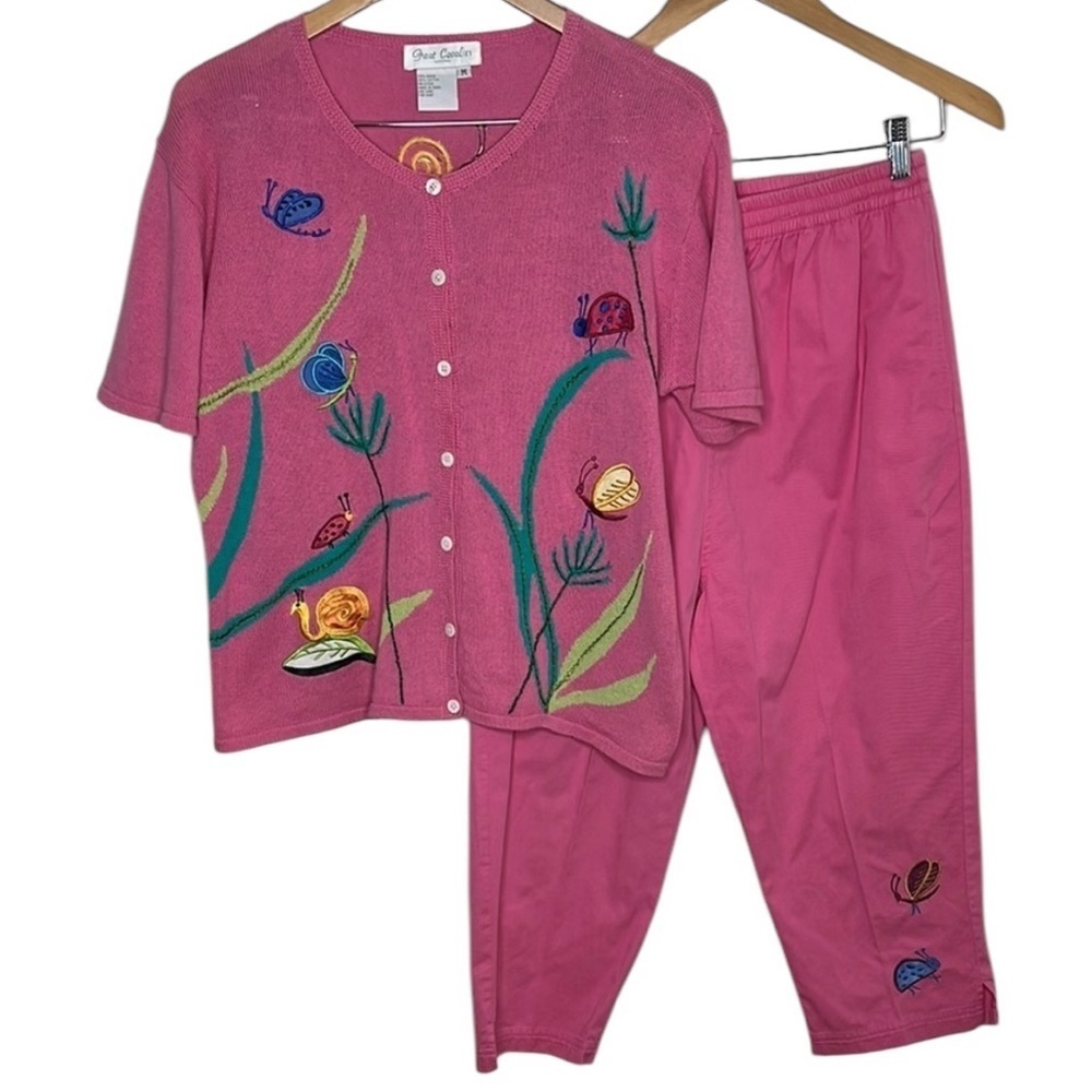 VTG Great Cavalier Pink Embroidered Bug 2 Piece Set Cardigan Capri Women Sz M
